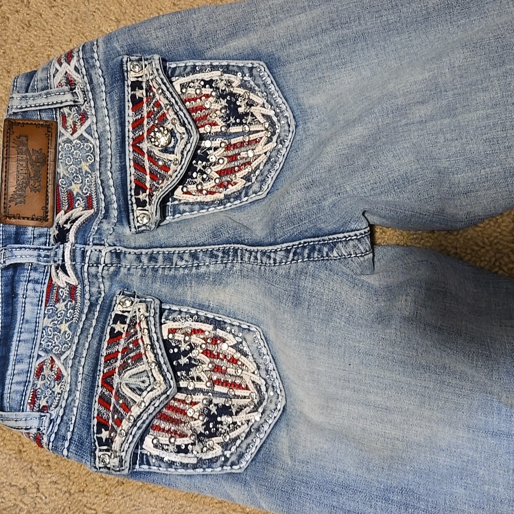 Embroidered Light Blue Jeans with Red and White Accents